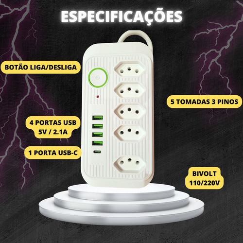 Extensão Filtro De Linha 5 Tomadas Usb Anti Chamas Cor Branco