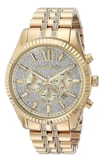 Reloj de pulsera Michael Kors Lexington MK8579 de cuerpo color oro, analógico, para hombre, fondo plateado, con correa de acero inoxidable color oro, agujas color oro y blanco, dial oro y blanco, sube