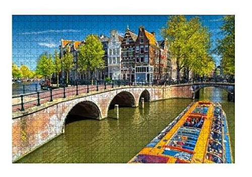 Wooden Puzzle 1000 Pieces Typical Amsterdam Canals With Brid