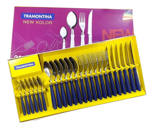 Set 24 Cubiertos Tramontina New Kolor Mango Plastico Azul