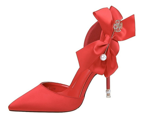 L Zapatos De Tacón Rojos De Raso Con Punta De Moda Para Dama