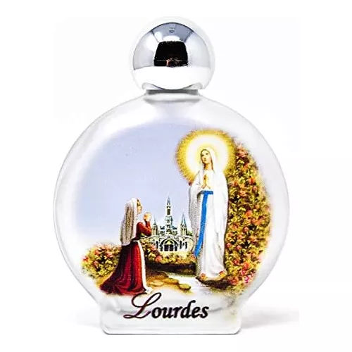 Agua bendita bendita - Botella redonda de vidrio llena de agua de Lourdes