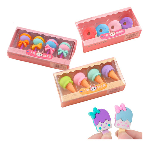 Kit 8 Borrachas Mini Kawaii Escolar Modelos Picolé Fofas