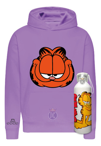 Poleron Garfield + Botella En Aluminio 750ml - Sus Amigos - Lasaña - Siesta - Estampaking 