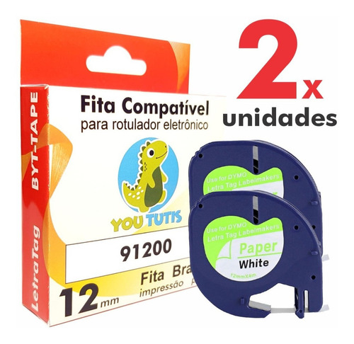 2x Fitas 91200 Compativel P/rotulador Dymo Papel 12mm Branco Cor Letra Preta / Fita Branca