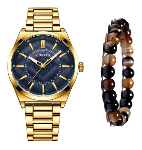 Relógio Masculino Curren Dourado Luxo + Pulseira Bolinha Cor do bisel Azul Cor do fundo Azul-escuro