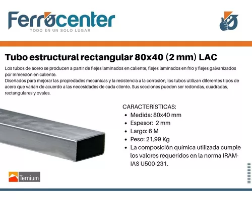 Tubo Estructural Rectangular 80 X 40 X 1.6 Mm - 6 Mts