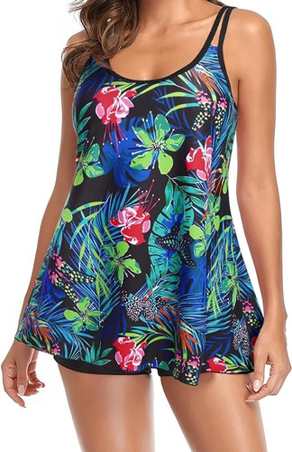 Traje De Baño Tankini Floral 2 Piezas Top Short Tallas Plus 