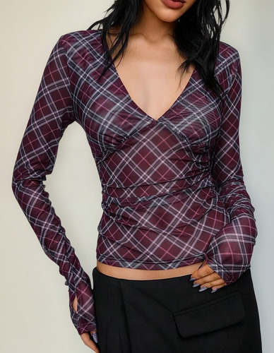 Remera Top Manga Larga Microtul Cuadrille Violeta Importada