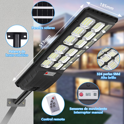 800w lámpara solar exterior luz led solar para jardín resistente agua ip67 con sensor movimiento control remoto iluminación de 6500k desde anochecer hasta amanecer para estacionamiento patio RJX