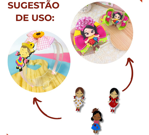 Aplique Meninas Caipiras De 7cm Em Acrilico Com 6 Unidades