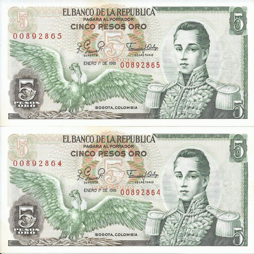 Colombia  Dúo Números Consecutivos 5 Pesos 1 Enero 1981