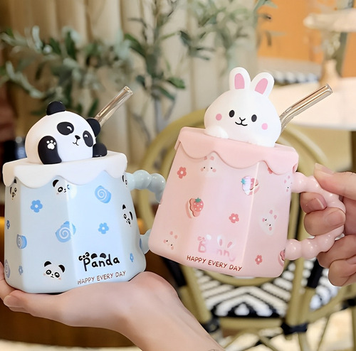 Taza De Cerámica 360 Ml Diseño Animal Con Tapa Y Popote