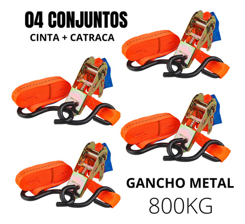 Kit 4 Cinta De Amarração C/ Catraca P/ Moto 3m 0,8t Robustec Cor Laranja