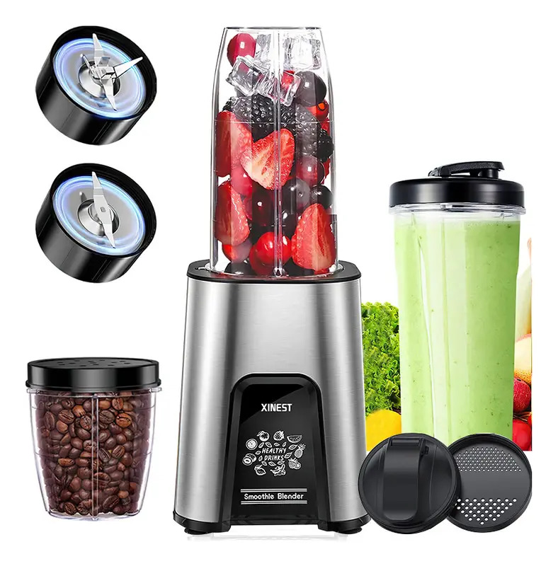 XINEST Licuadora 900W PB-2108 Con 2x650ml Vaso De Portátiles y 1×300ml Vaso Para Moler,Color Silver,Electrodoméstico para batidos, smoothies y moler café