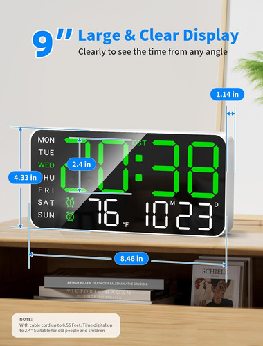 Reloj Digital De Pared Con Calendario Termómetro Y Alarmas