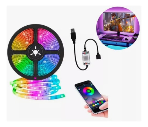 Tira Luz Led Rgb 5050 5m Con Bluetooth Con Usb Tv Gamer Rgb