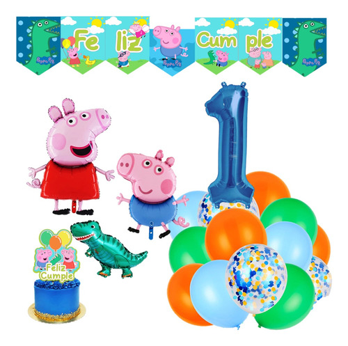 Pack De 16 Globos George Peppa Pig Banderin Topper Dino