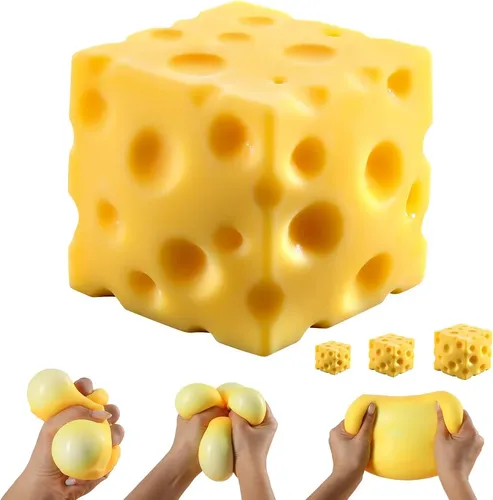 Anti-stress Fromage XXL – Cube De 8 Cm – TPR Réaliste, 90 G – Pour Décompresser Avec Humour