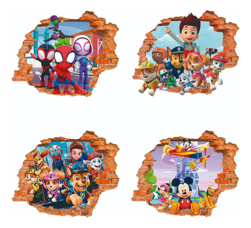 Vinilos Infantiles Pared Rota 3d Mickey Paw Patrol Spiderman