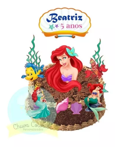 Topper de Bolo Sereia Princesa Ariel Topo Personalizado