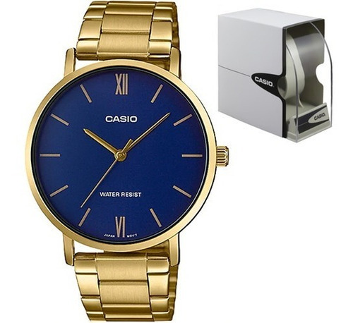 Reloj Casio Enticer Series Mtp-vt01g-2budf Color de la correa Dorado Color del bisel Dorado Color del fondo Azul