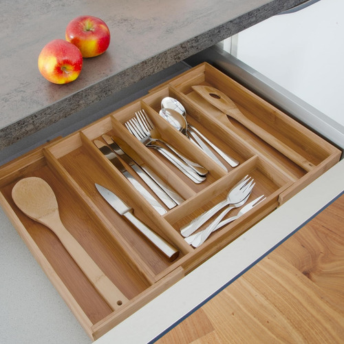 Cubertero Extensible Madera Bambu Organizador Cubiertos Marrón Claro