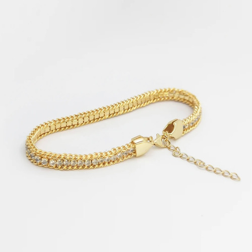 Pulsera Tejida Circonita, Plata 925, Baño Oro 18k / Platino