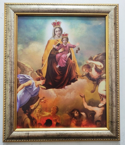 Virgen Del Carmen Enmarcada En Plata Y Oro S 30 X 25 Cms
