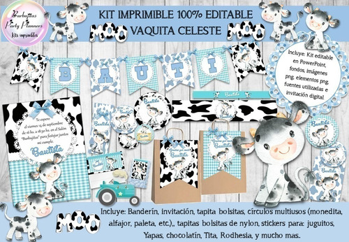 Kit Imprimible Candy Bar Vaca Vaquita Celeste 100% Editable