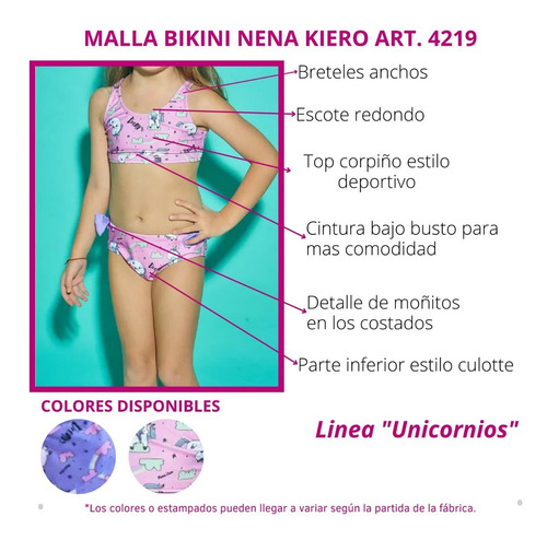 Imagen 2 de 7 de Malla Bikini Niña Top Y Culotte De Unicornios Kiero 4219