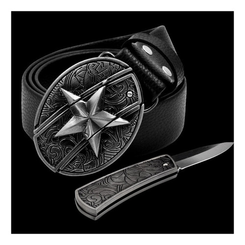 Cinturón De Cuero, Navaja, Hebilla Lisa Color Pentagram Leather Black Talla 100 135cm