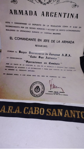 Cinta Ara Cabo San Antonio + Copia Diploma Malvinas Heroes