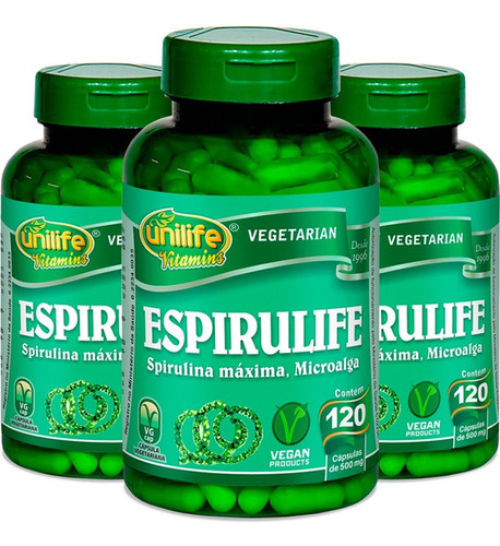 Kit 3 Spirulina 500mgunilife - Espirulife 120 Cápsulas Sabor Sem Sabor