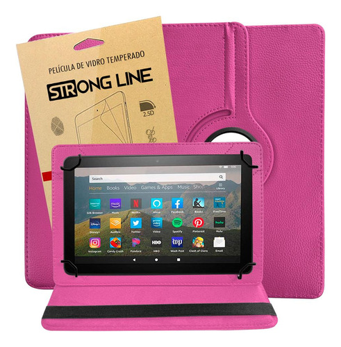 Capa Tablet Amazon Fire Hd8 8.0 Couro Giratória + Pelicula Cor Pink