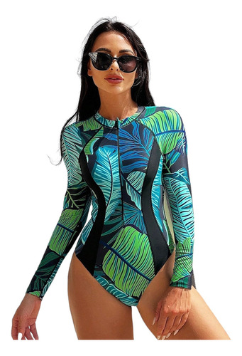 Vestido De Baño Traje Enterizo Manga Larga Tropical 005-1