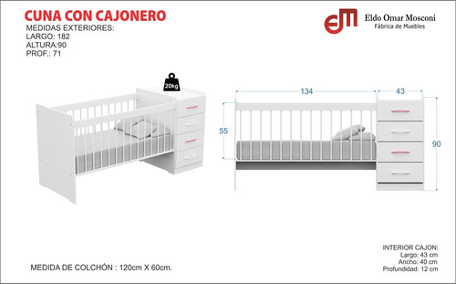 Imagen 4 de 7 de Cuna Con Cajonero Para Colchón 130 Cm Blanca 4 Cajones