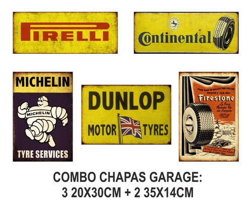 Combo Chapa Vintage Garage - 3  20x30cm + 2  35x14cm 