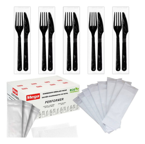 Guardanapo Sache + Talher Descartavel Garfo Faca 250 Un Cor Preto