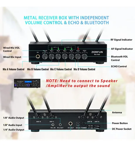 Sistema De Micrófono Inalámbrico Uhf De 4 Canales Zerfun...