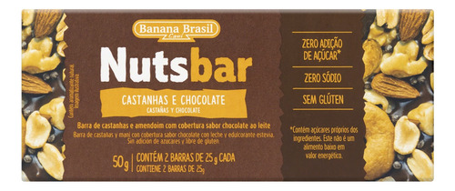 Pack Barra de Nuts Castanhas Cobertura Chocolate ao Leite Zero Sódio Nutsbar Caixa 50g 2 Unidades