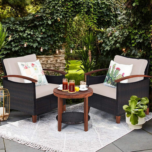 Juego De Muebles De Patio 3 Piezas Ratán Mesa Y Cojines Beige