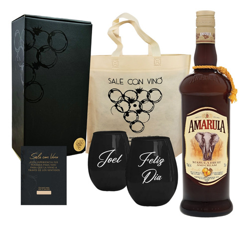 Box Licor Amarula Con 2 Vasos Negros Grabados Regalo Caja