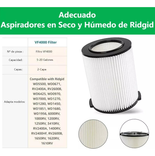 Filtro Para Aspiradora Ridgid Vf4000 Repuesto Accesorios