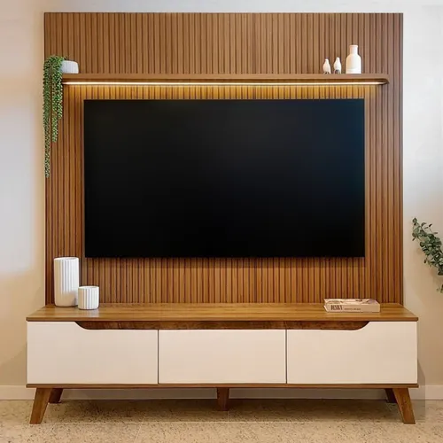 Rack com Painel para Tv Até 75 Polegadas com LED Impressão Pinho/off White