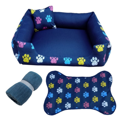  Caminha Pet  P Cachorro Pequeno 50x50 + Tapete E Mantinha Cor Azul-marinho