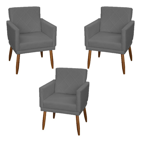 Kit 3 Poltronas Decorativas Para Recepção Consultório Cores Cor Cinza Desenho Do Tecido Suede Liso