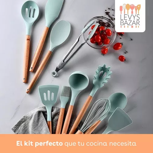 Kit Set X12 Utensilios Cocina Espatula Madera Silicona Calor