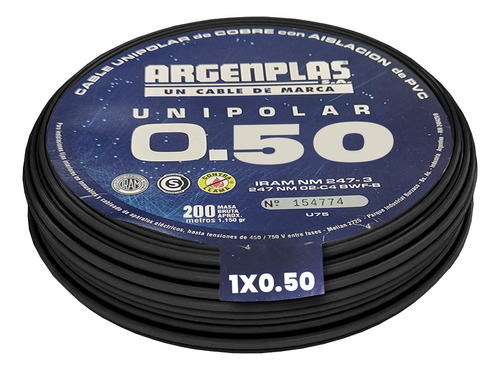 Cable Unipolar 0,50mm2 Pvc Negro Argenplas (x 200mt)