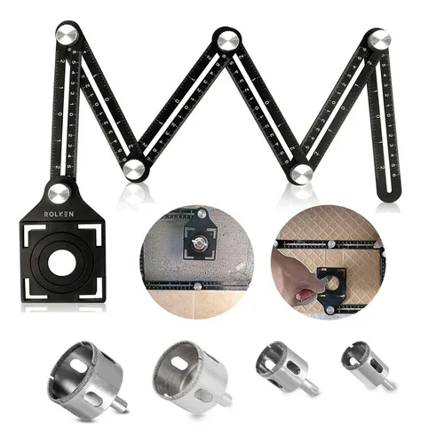 comprar Régua Molde Marcador Furo Ajustável Gabarito + 4 Serra Copo